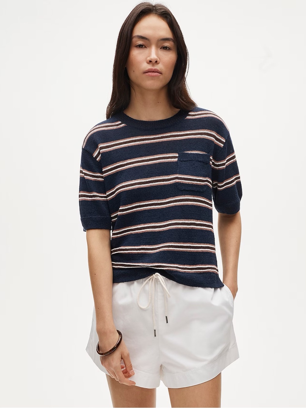 J. Crew Relaxed Linen Blend Knit Pocket Sweater Tee in Stripe Navy Multi Sz 3X
